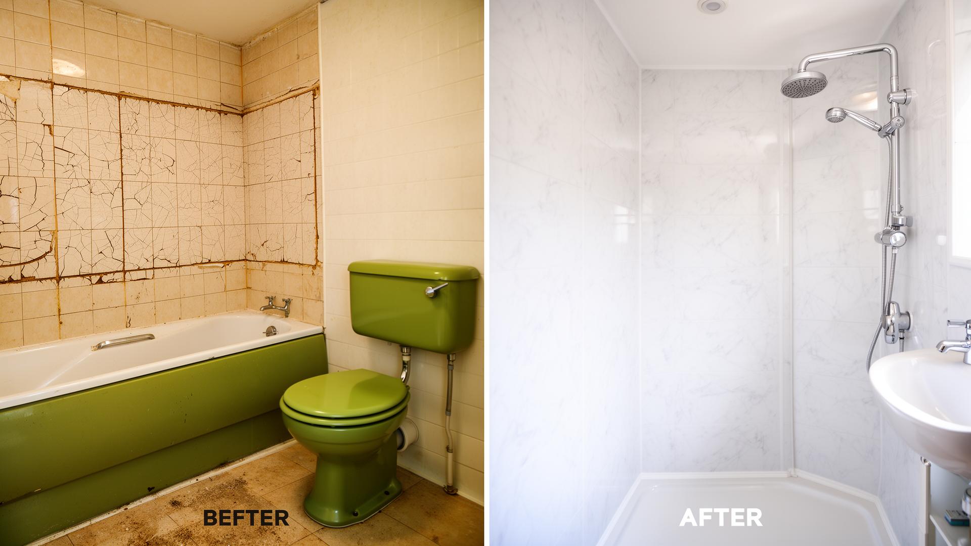 Bathroom transformation before and after with wet wall panels